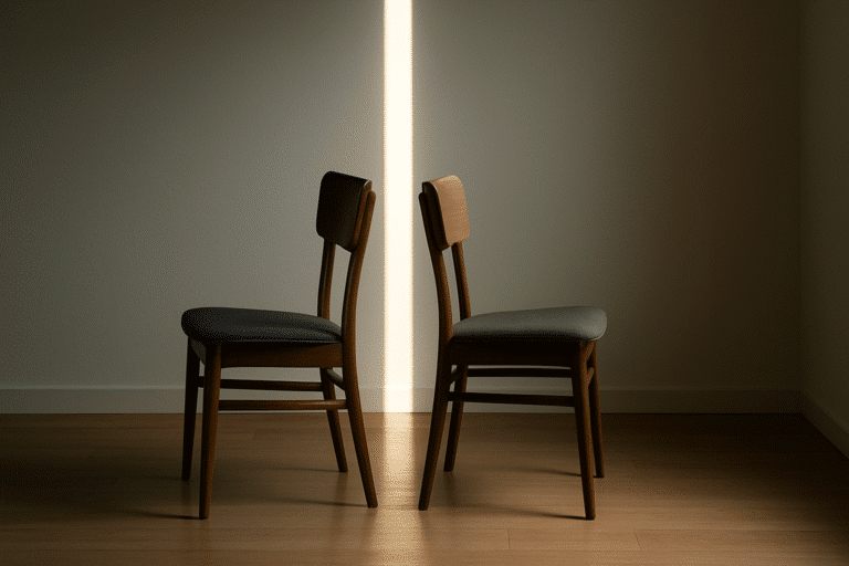 „A A válás (Moa Herngren) kapcsán ez a fotó számomra a kapcsolati távolság metaforája: két szék háttal egymásnak, köztük keskeny, de járható út a párbeszéd, a határok és az együttszülői minimum felé.”